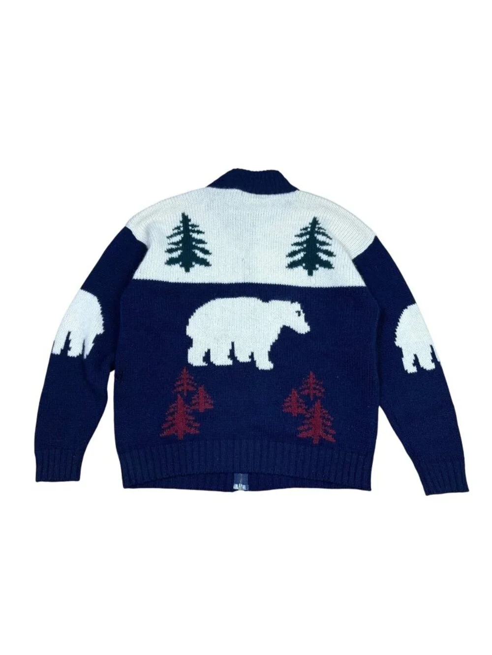 Vintage 90s Lands’ End Mens Wool Full Zip Sweater XL Nordic Bear Trees Navy Ivor